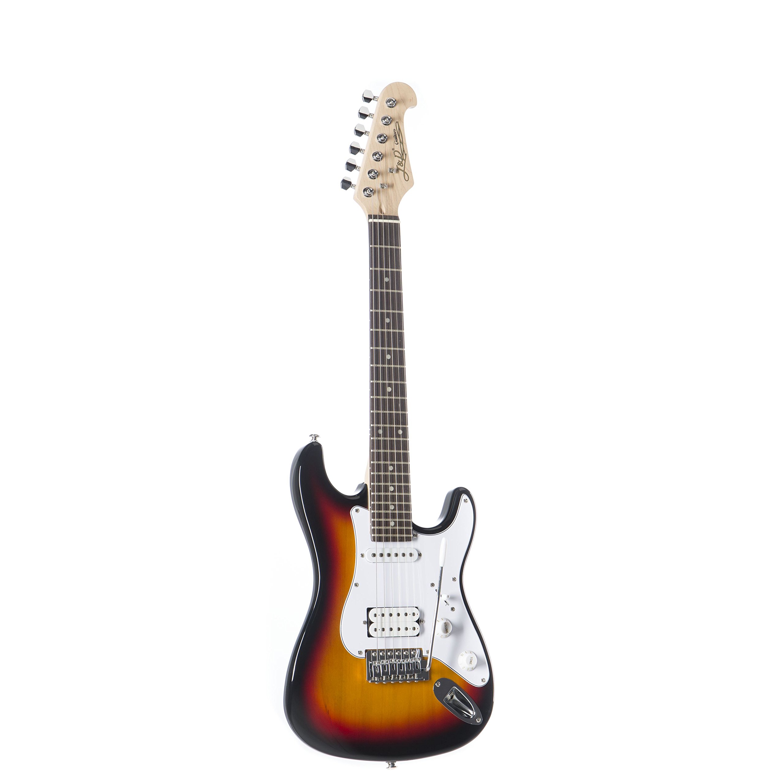 J & D E-Gitarre, 3/4 elektrische Gitarre für Anfänger mit Single Coil Tonabnehmer, Electric Guitar in hochglanz Sunburst, ST-Style Mini