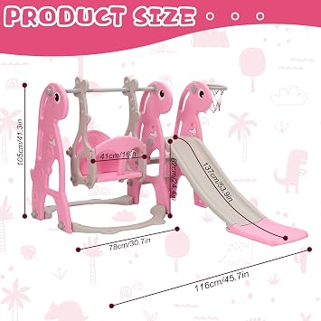 Kids Slide & Swing Set with Basketball Hoop, Height Adjustable Swing, Pink