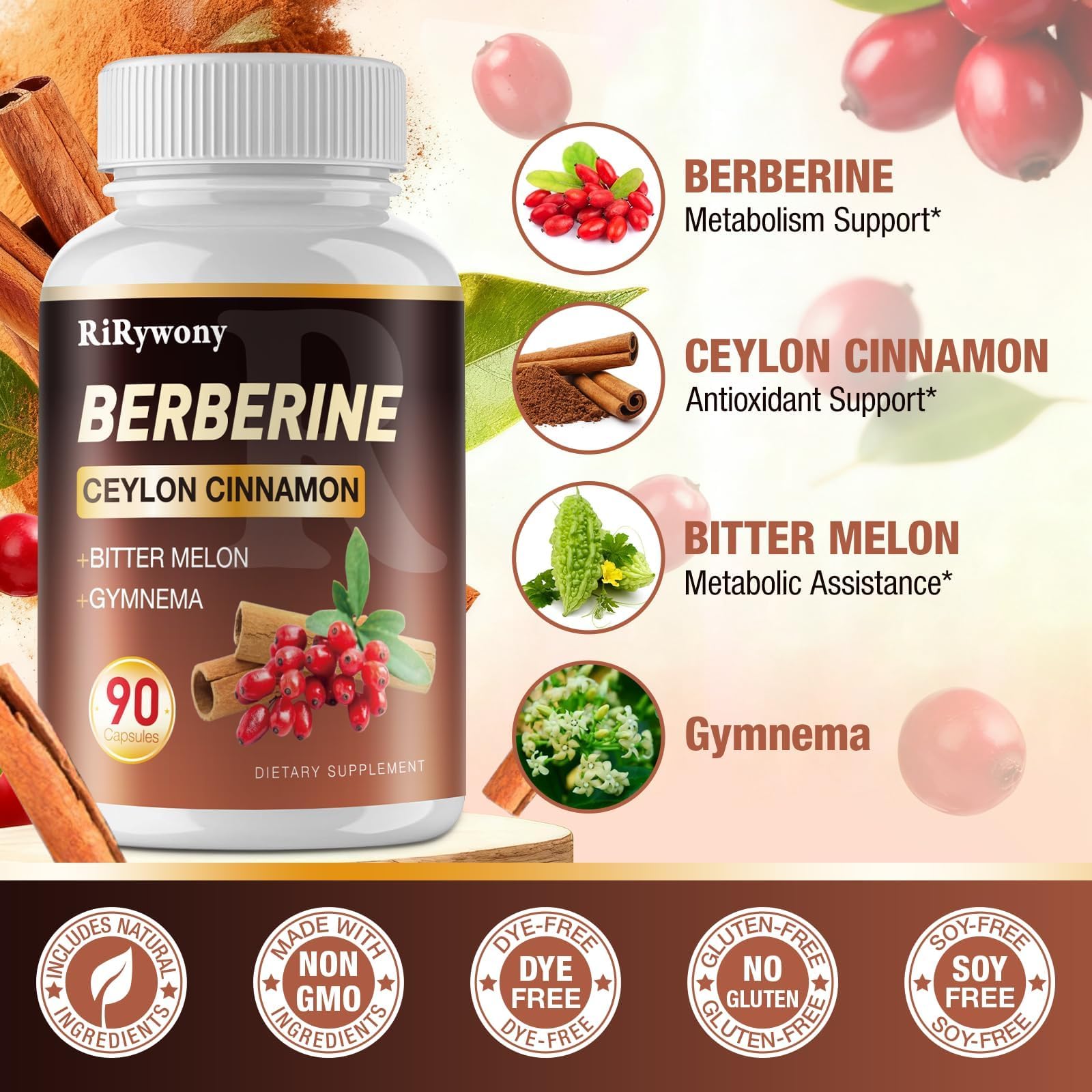 Berberine Supplement, Berberine with Ceylon Cinnamon Bitter Melon and Gymnama - 1500 MG Berberine HCL for Gut Health, 1 Pack 90Capsules — Amazon image 6