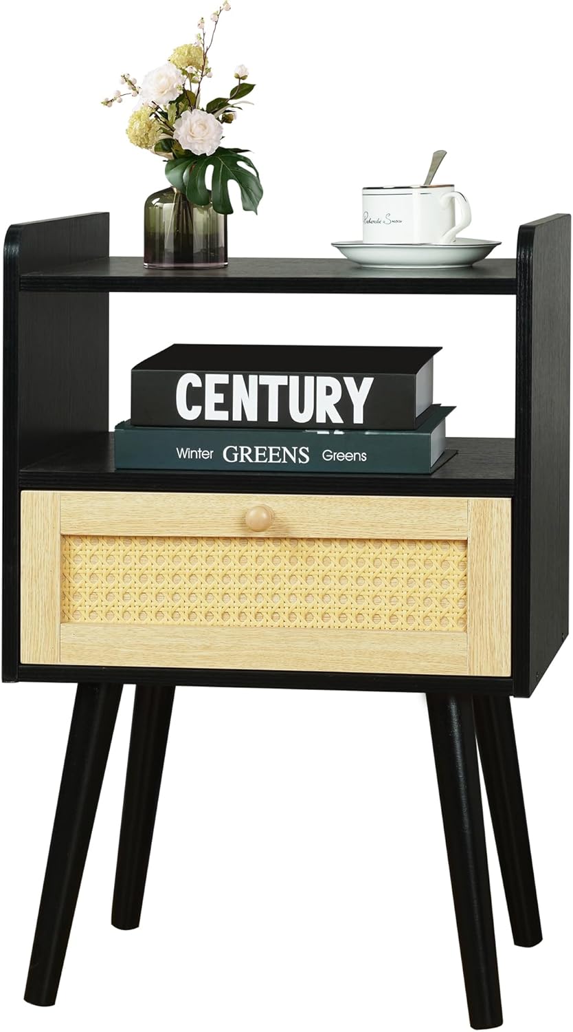 Nightstand Rattan Modern Night Stand Wood Nightstands Bedside Table, Bed Side Table with Drawers Solid Wood Legs, Open Storage Shelf Mid Century End Tables for Bedroom, Living Room, Small Space, Black