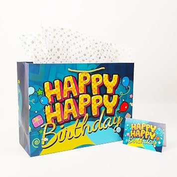 ZREVSB 16 Inch Large Blue Cartoon Birthday Gift Bag for Boys, All-in-One Wrapping Set with Tissue Paper & Birthday Card, Party Gift Tote Bags for Kids Men Birthday Presents