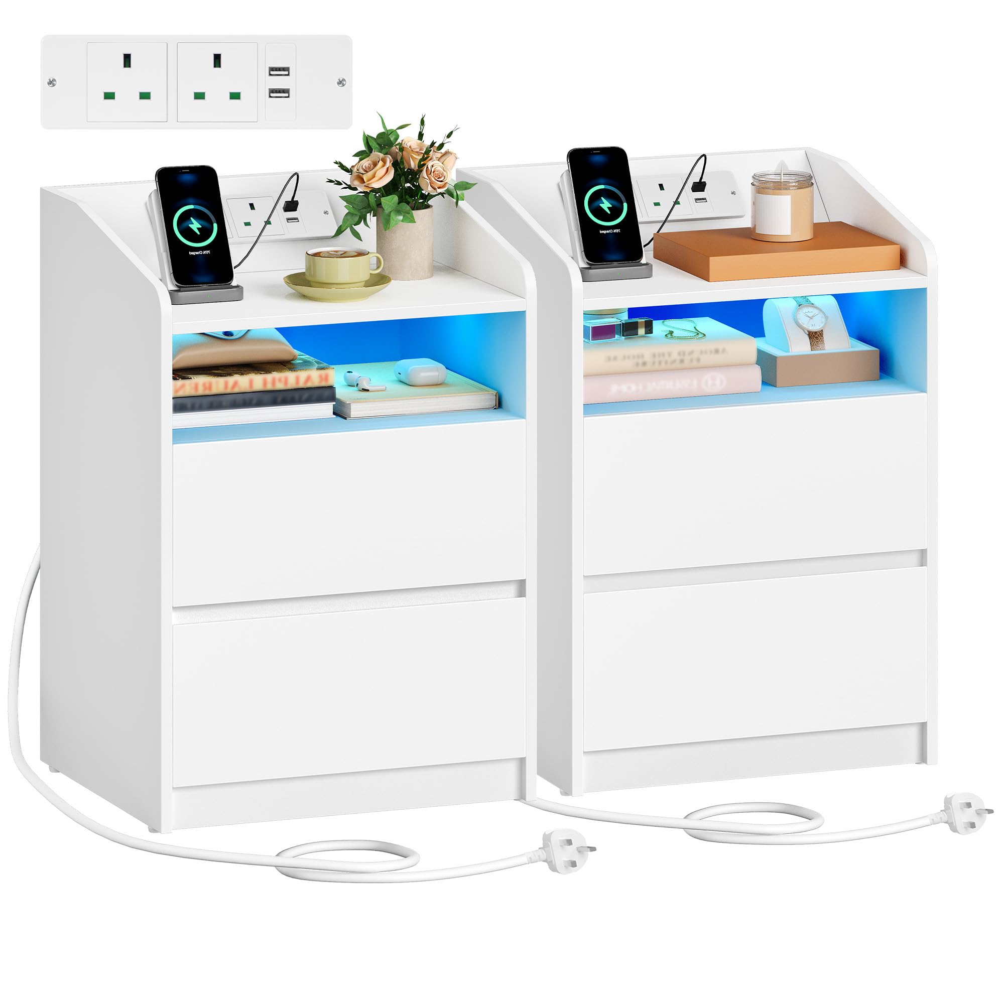 Hzuaneri Bedside Tables Set of 2 with Power Strip and LED, 2 Drawers, White