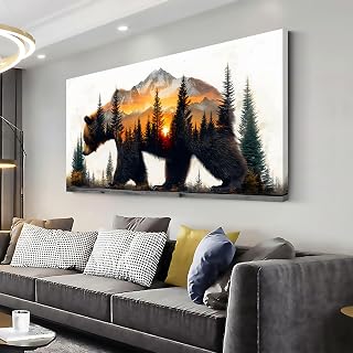 ZOMNAI Brown Bear Forest Wall Art for Living Room Office Retro Sunset Snow Mountain Rustic Wildlife Painting Prints Vintage Modern Art Deco Canvas Artwork Farmhouse Bedroom Decor