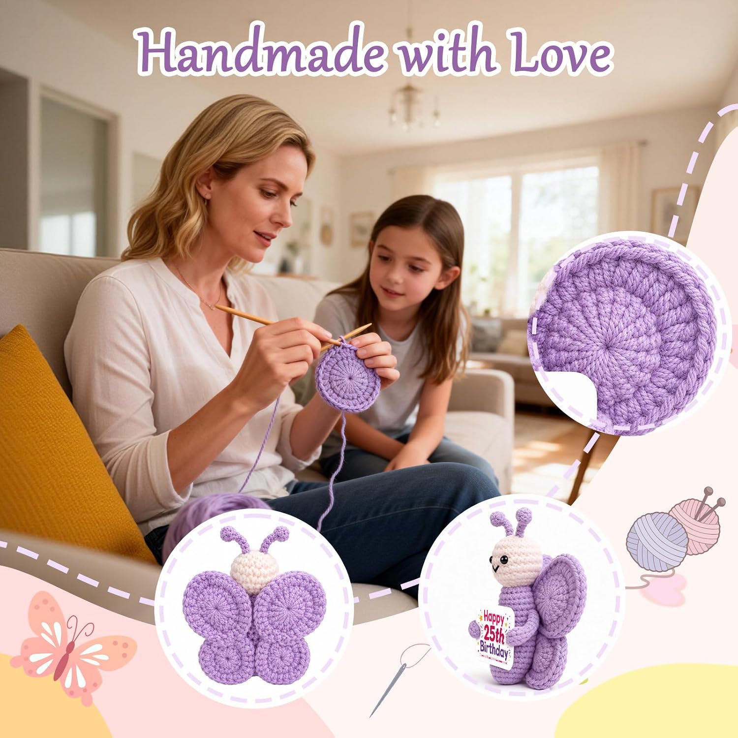 25th Birthday Gifts for Women, Handmade Crochet Purple Butterfly for 25 Year Old Women Birthday Gift, Cute Party Decoration for 25 YO Girl Daughter Granddaughter Niece Kids