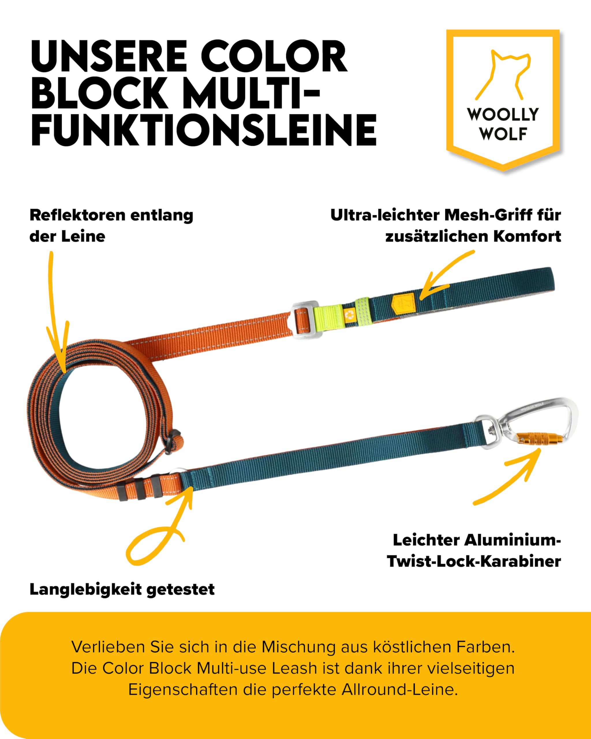 Woolly Wolf Color Block Multi-use Leine Terracotta Mix - Verstellbare Hundeleine 170 bis 300 cm, Reflektierende Führerleine aus recyceltem Polyester