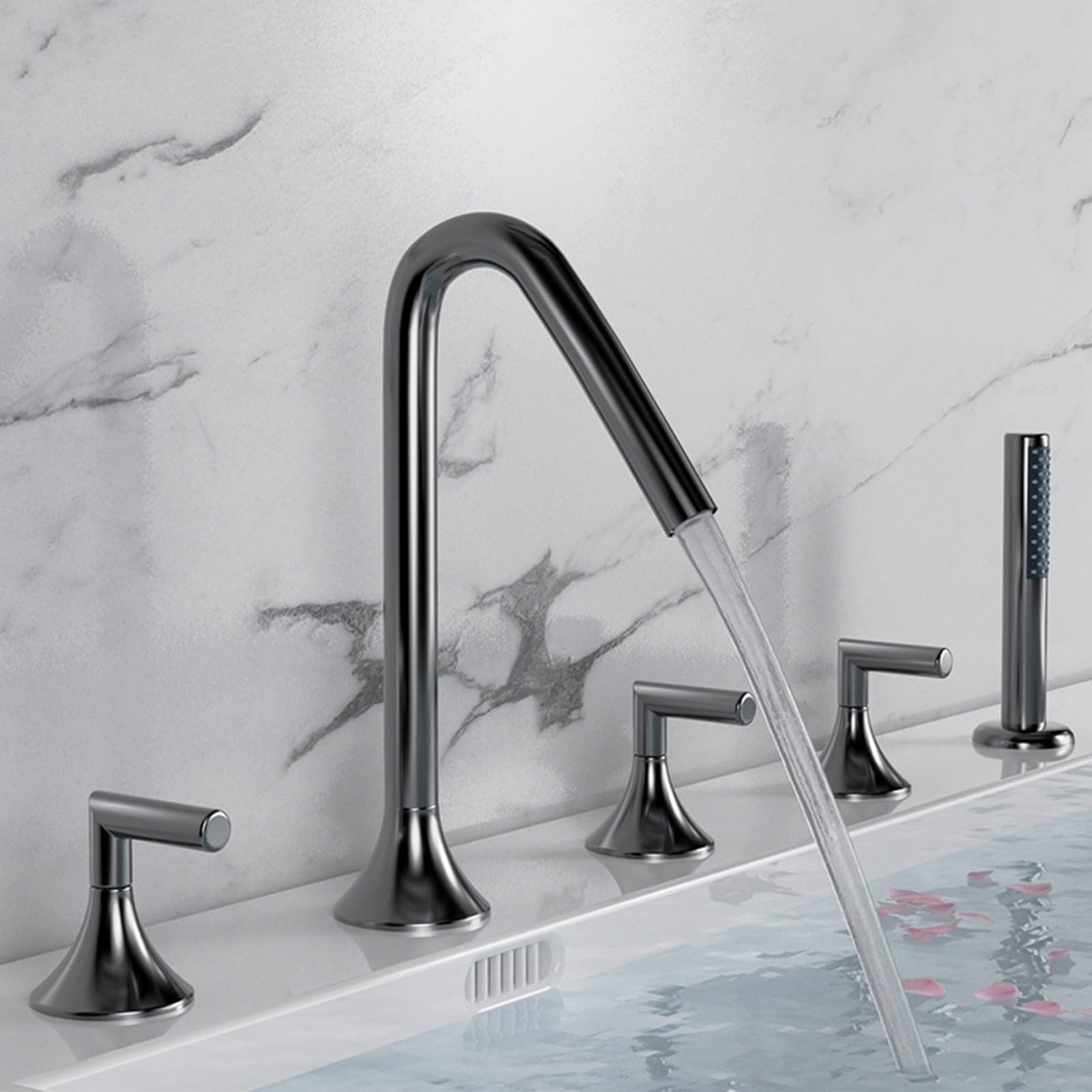 BHGFYXBS Bath Shower Mixer Tap Gold Bathtub Hand Shower Tap Set Bathroom 5 Hole Tub Mixer Faucets 360 Degree Rotating Bath Taps,Grey