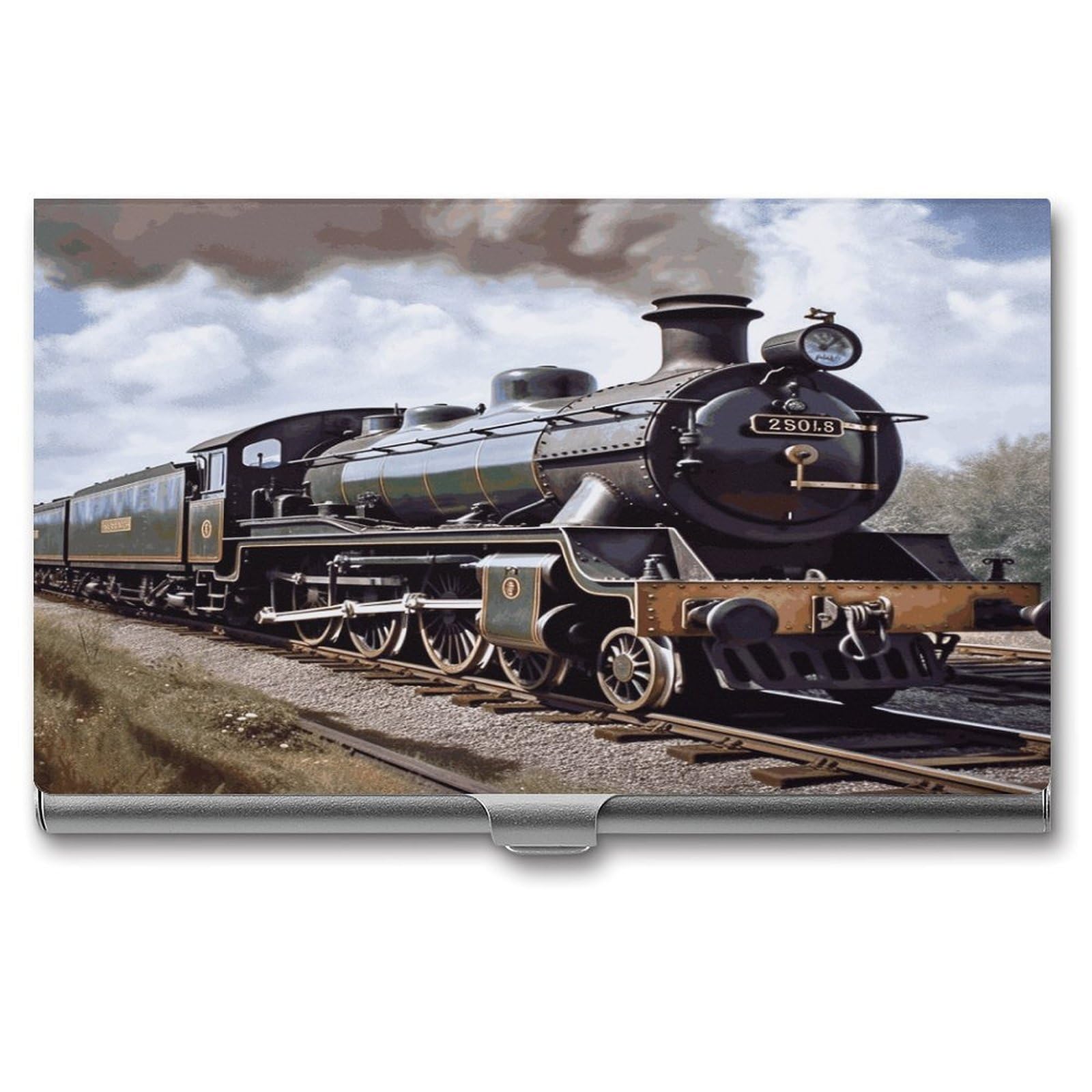 JTREHY Steam Locomotive Train Business Card Holder Slim Purse Name Card Holder Portable Metal Business Card Case Wallet Large Capacity Lightweight Business Card Case for Men Women