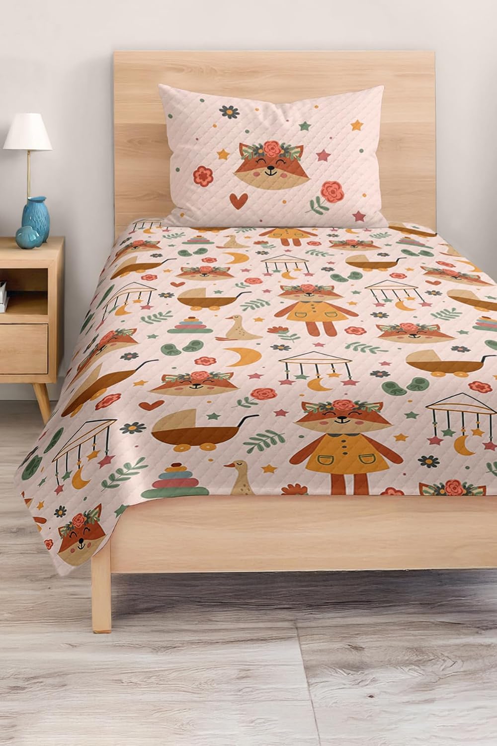 SODEF Bedding Set Twin Size Cute Fox Pattern Kids and Teens Room Quilt Set Lightweight Fade Resistant Cotton Polyester Blend 2 Piece - Multicolor, One Size
