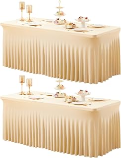 Shillance 2 Packs Champagne Spandex Table Clothes for 8 Foot Rectangle Table, Spandex Table Covers 8FT Stretch Table Skirts Wrinkle Free Fitted Tablecloth for Event, Wedding, Banquet & Parties