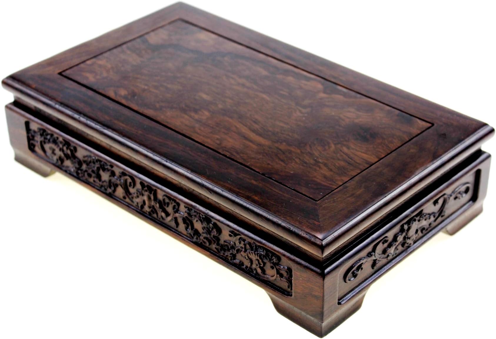 Oriental Furniture Chinese Rosewood Solid Mahagony Wood Display Stand Wooden Base Rectangle Rectangular Shape Pedestal with Carved Handcrafts (L 25cm * 15cm * 6.5cm)
