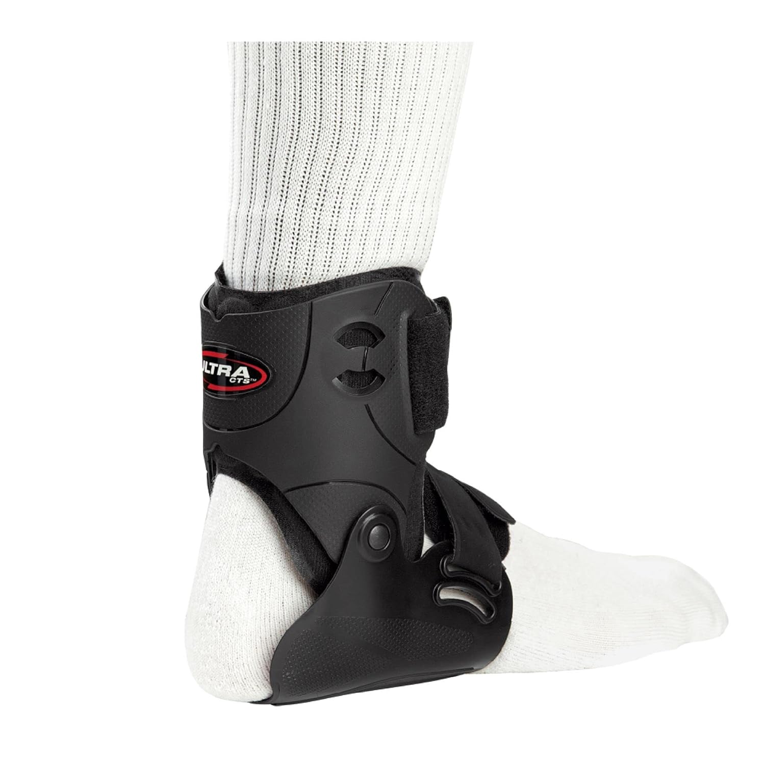 sebelah view of Breg Ultra CTS Ankle Brace on a foot