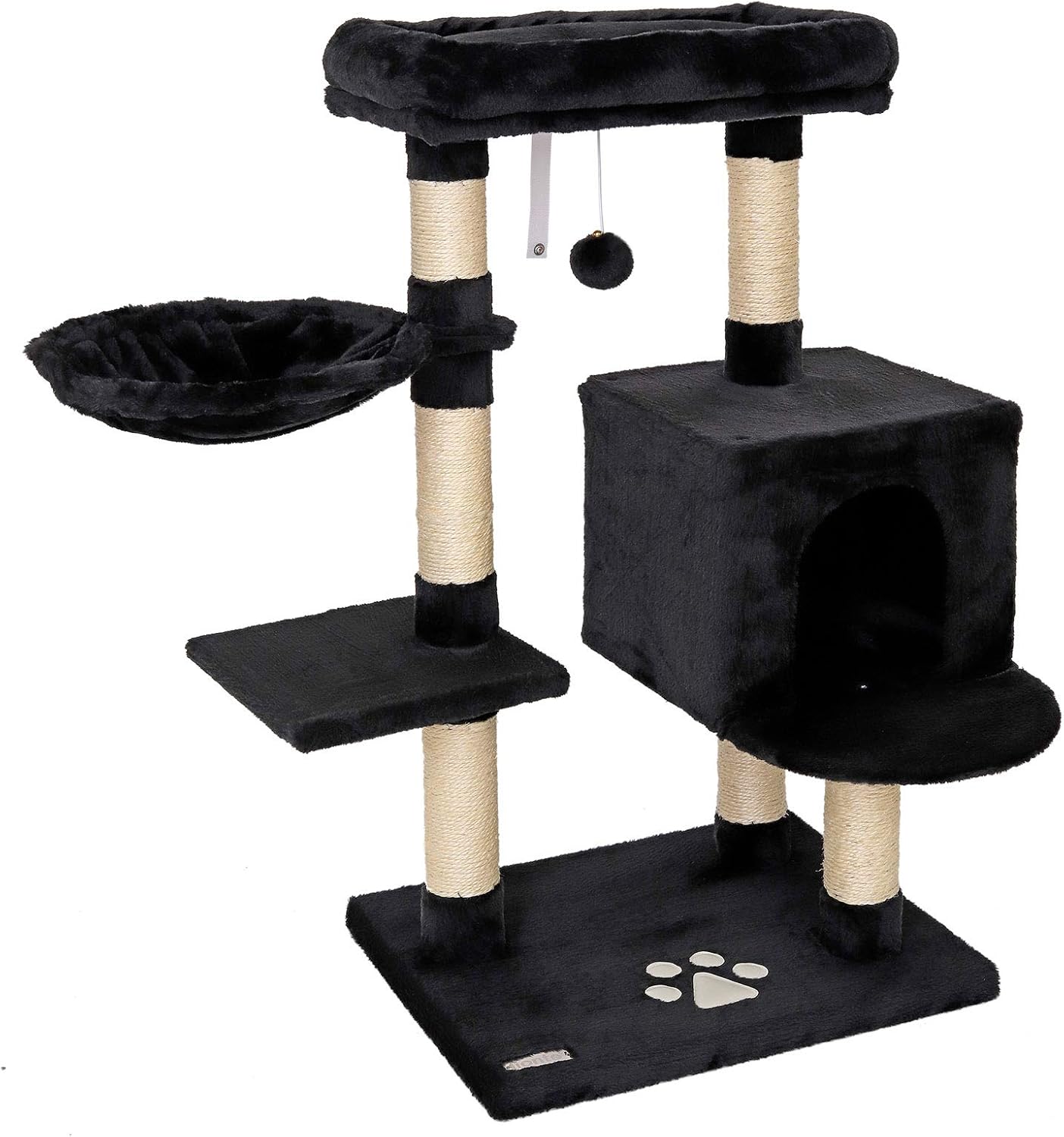 lionto Scratching Tree for Cats with Plush Ball incl. Bell & wall Mount, Height 36,6 in, cat Tree with sisal & Plush, Cozy Lying Area & Caves, Suitable for Small & Large Cats, Black