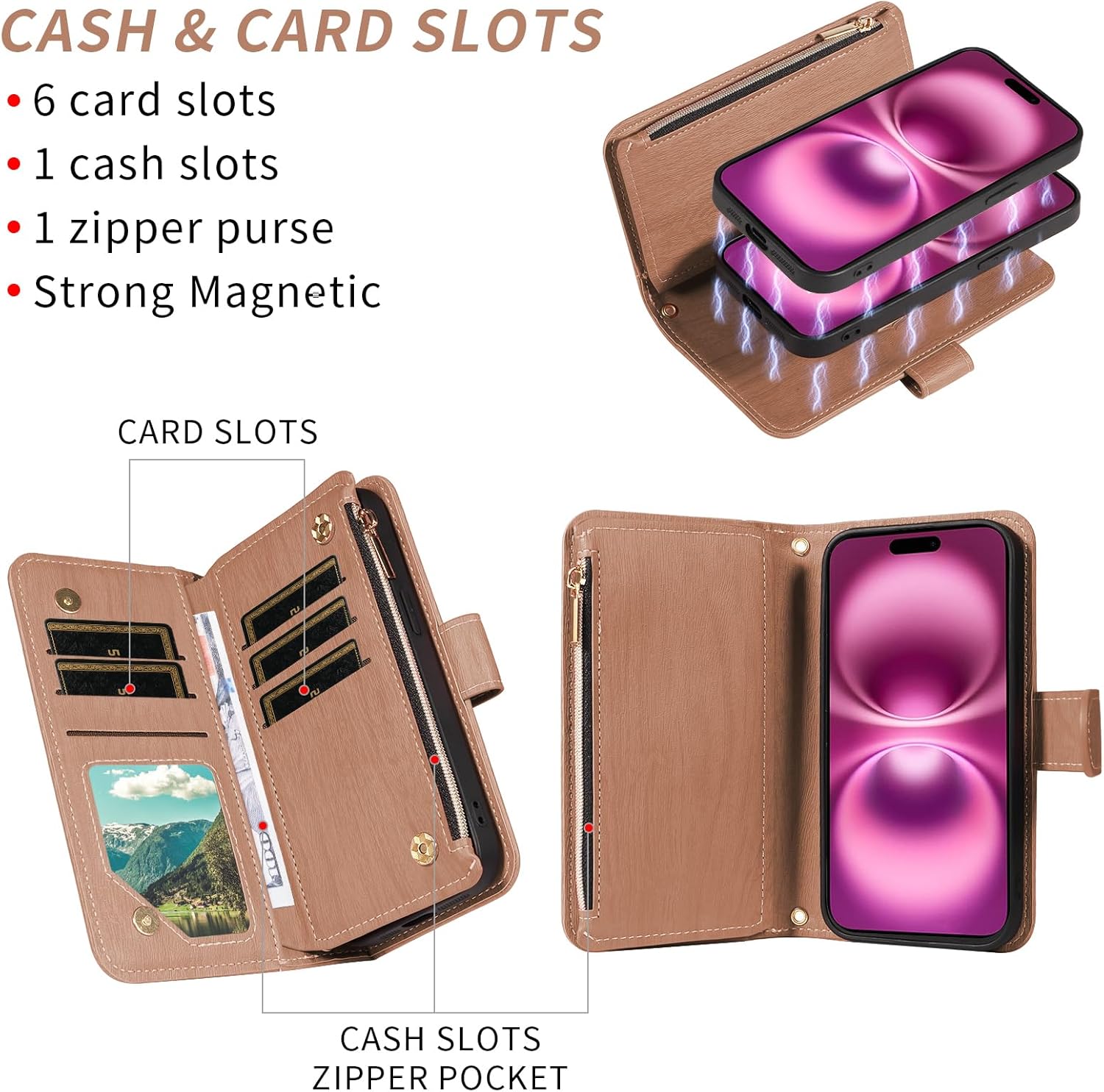 Asuwish Phone Case for iPhone 16 Plus 6.7 inch Zipper Wallet Magnetic Detachable Cell Cover with Tempered Glass Screen Protector Crossbody Strap Card Holder Slot i Phone16 16+ i16 + 16Plus Women Brown