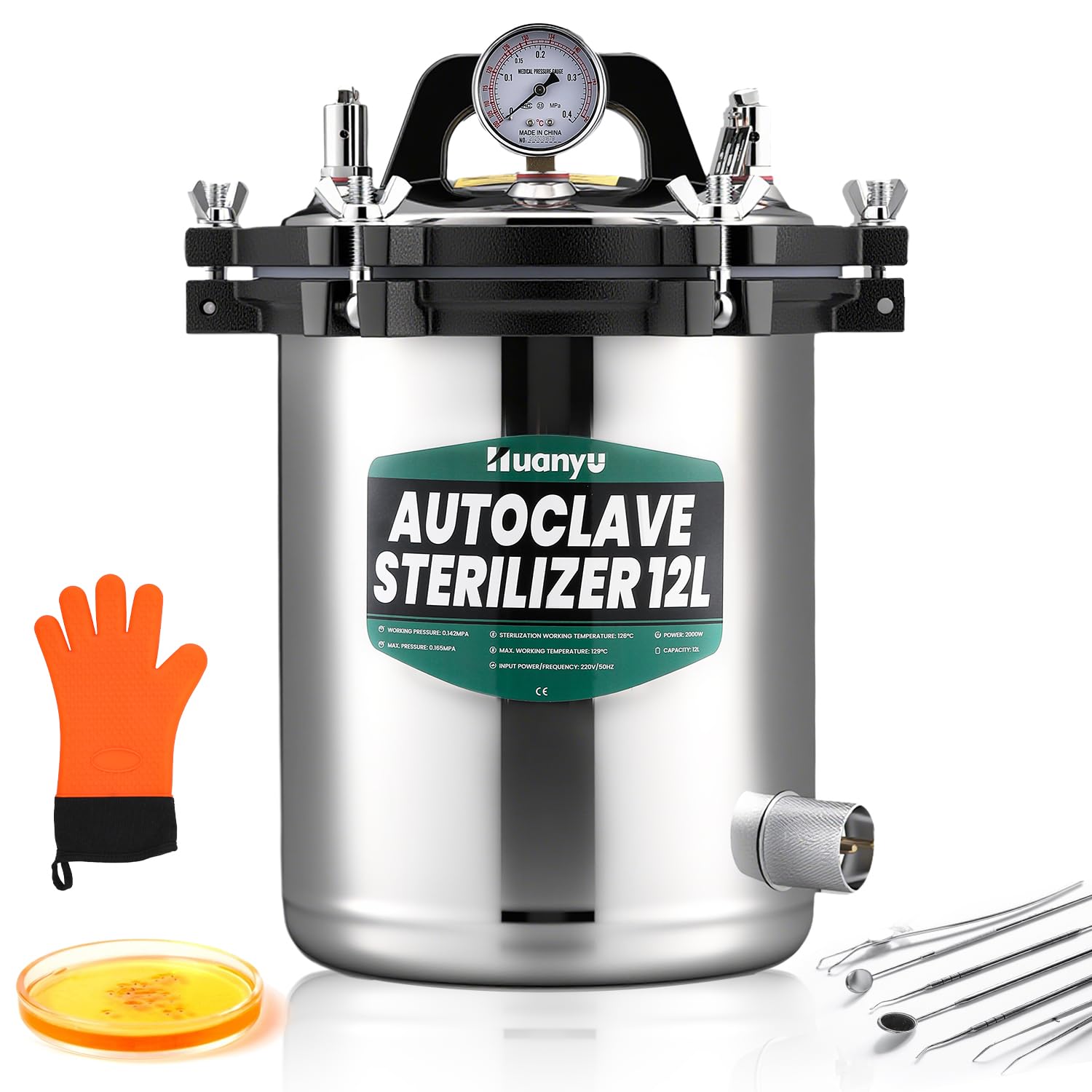 Huanyu Autoclave Esterilizador de Alta Presión Esterilización de Vapor Disinfect Dispositivo para Uso de Laboratorio/Dental/Mascota/Hospital | 126℃-128℃ | 0.145-0165MPa (12L)