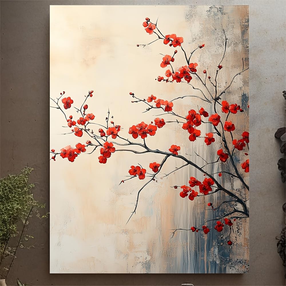awitufhgp Chinese Water Colour Red Cherry Blossom Painting Modern Design Home Decor Canvas Wall Art, for Living Room, Bedroom, Study(40x50cm/16x20in(WxH)/No frame)