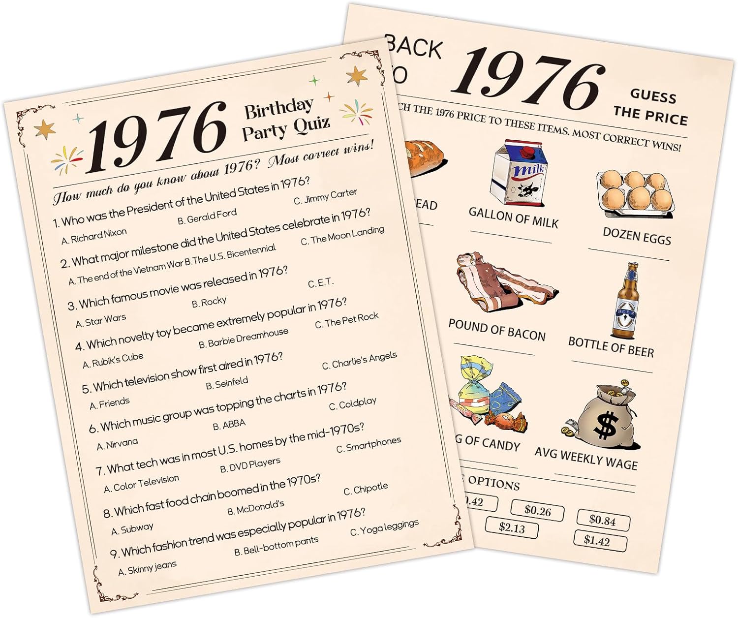 HOMANGA 50th Birthday Party Games, 1976 Quiz & Guess the Price Game Cards, 50th Birthday Party Supplies for Men Women, Pack of 30 Cards