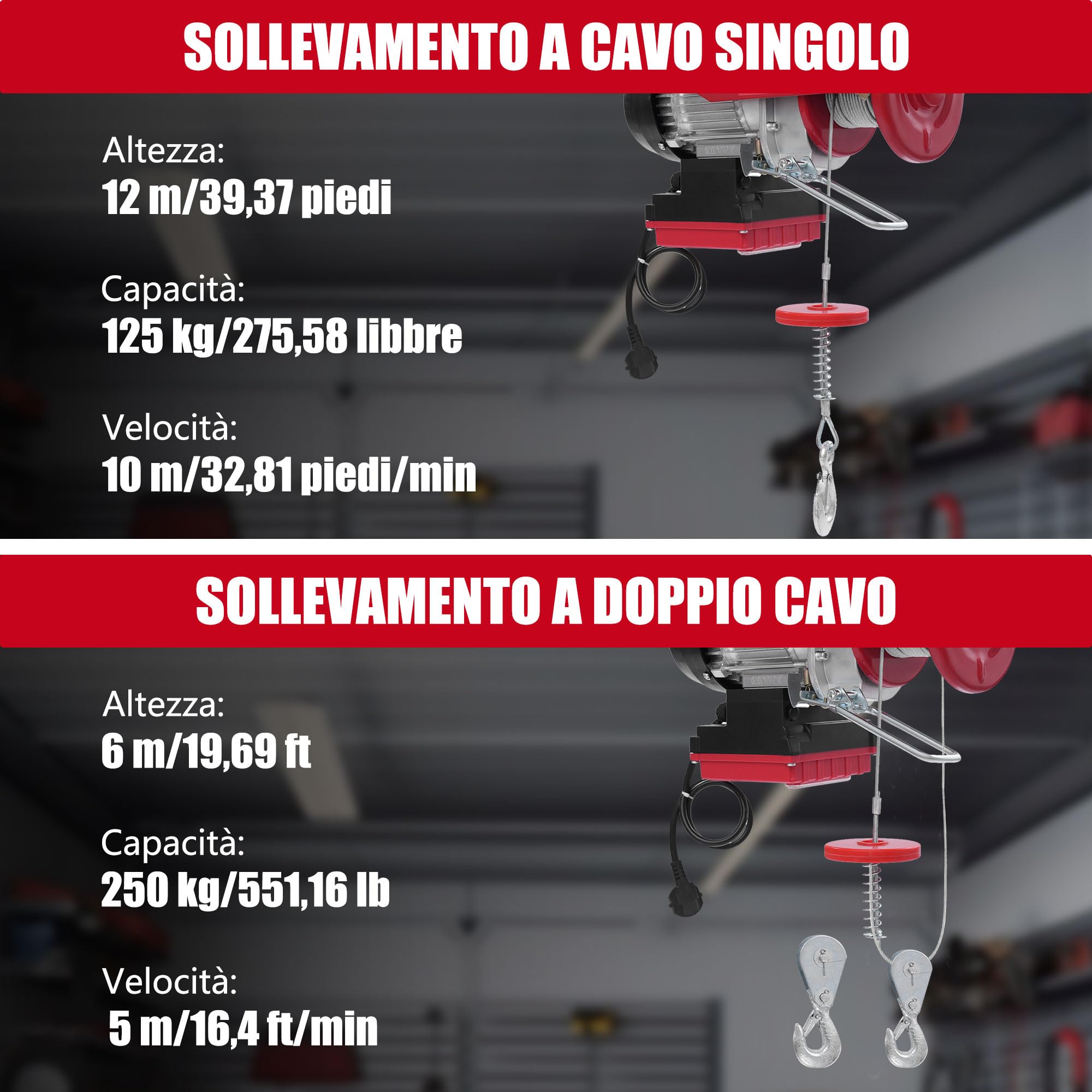 Montacarichi da Balcone, Paranco Elettrico con 80m Telecomando Wireless e Braccio Girevole Oscillante Rotante, 12m di Altezza, per Carichi 125kg/250kg, per Garage Magazzino Fabbrica