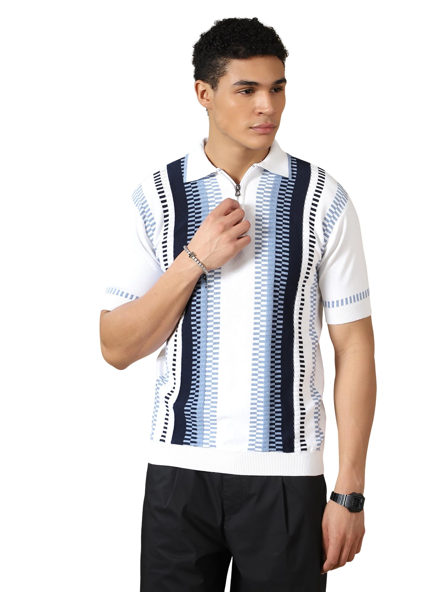 Men's Knitted Polo T-Shirt | White Vertical Stripe Polo T-Shirt for Men | Zip Neck Half Sleeve Casual T-Shirt | Soft Breathable Textured Knit Regular Fit Summer Wear-picture-15