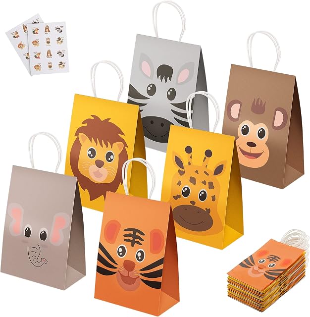 24 Pack Animals Gift Bags, Gift Paper Bags Jungle Party Bags Sweet Candy Gift Bags with Handle Animal Stickers for Kids Baby Shower Birthday Party - 210x150x80mm