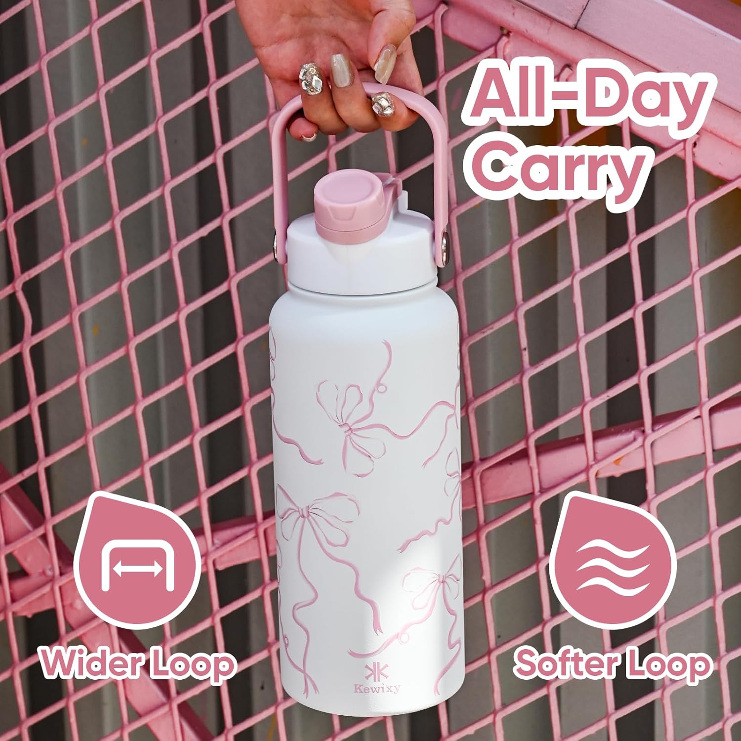 32 oz Pink Water Bottle, 2-in-1 Lid, Straw & Spout with Protected, Leak Proof, Keep Cold, Stainless Steel, Metal, Reusable, Handle, for Travel, Gym and School, Breeze Pink Bow - Image 7
