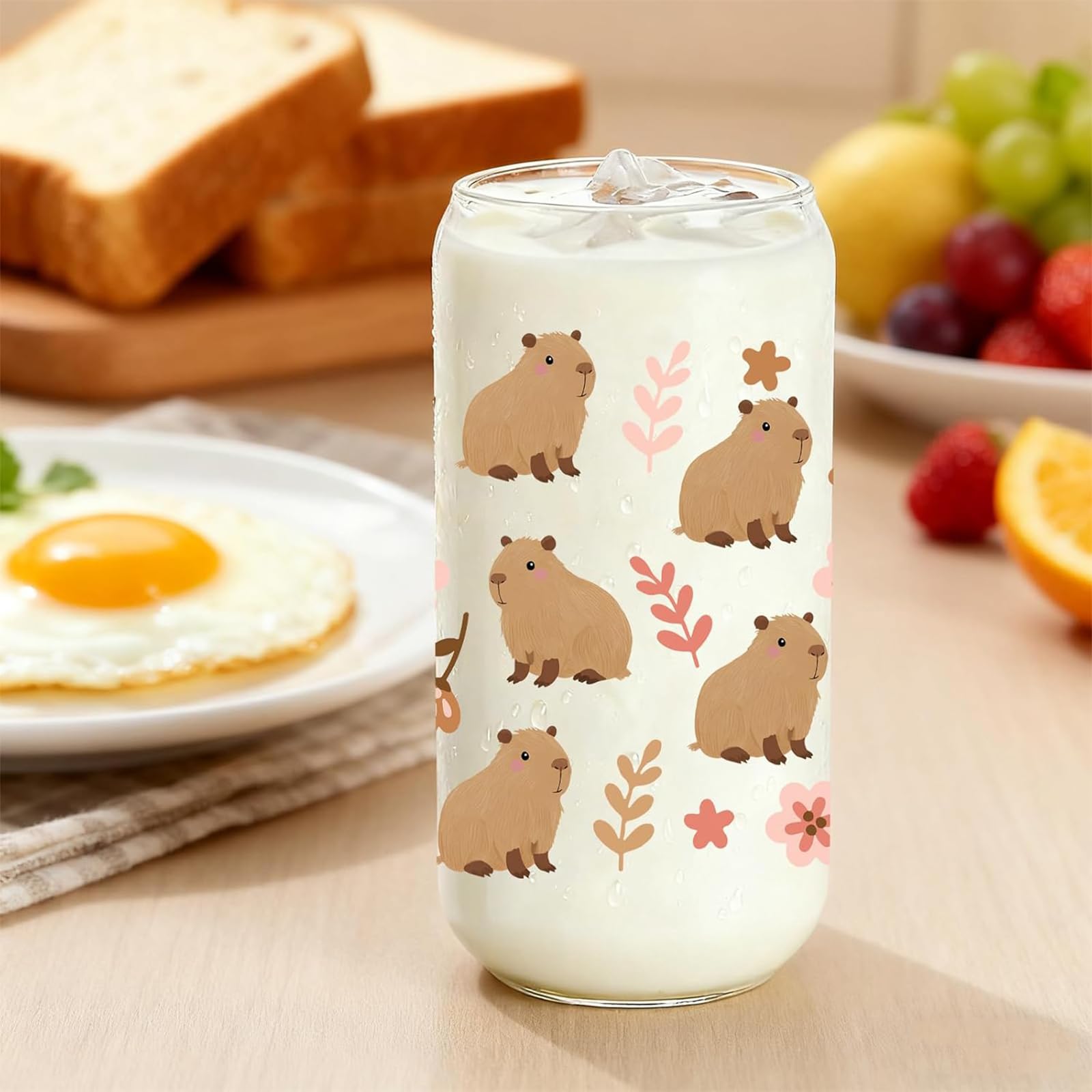 Capybara Tazza, Bicchiere con Coperchio E Cannuccia, Motivo Capybara E Fiori, Vetro A Tema Animale per caffè, Contenuto 470ML, Bicchiere Cartoon(B)