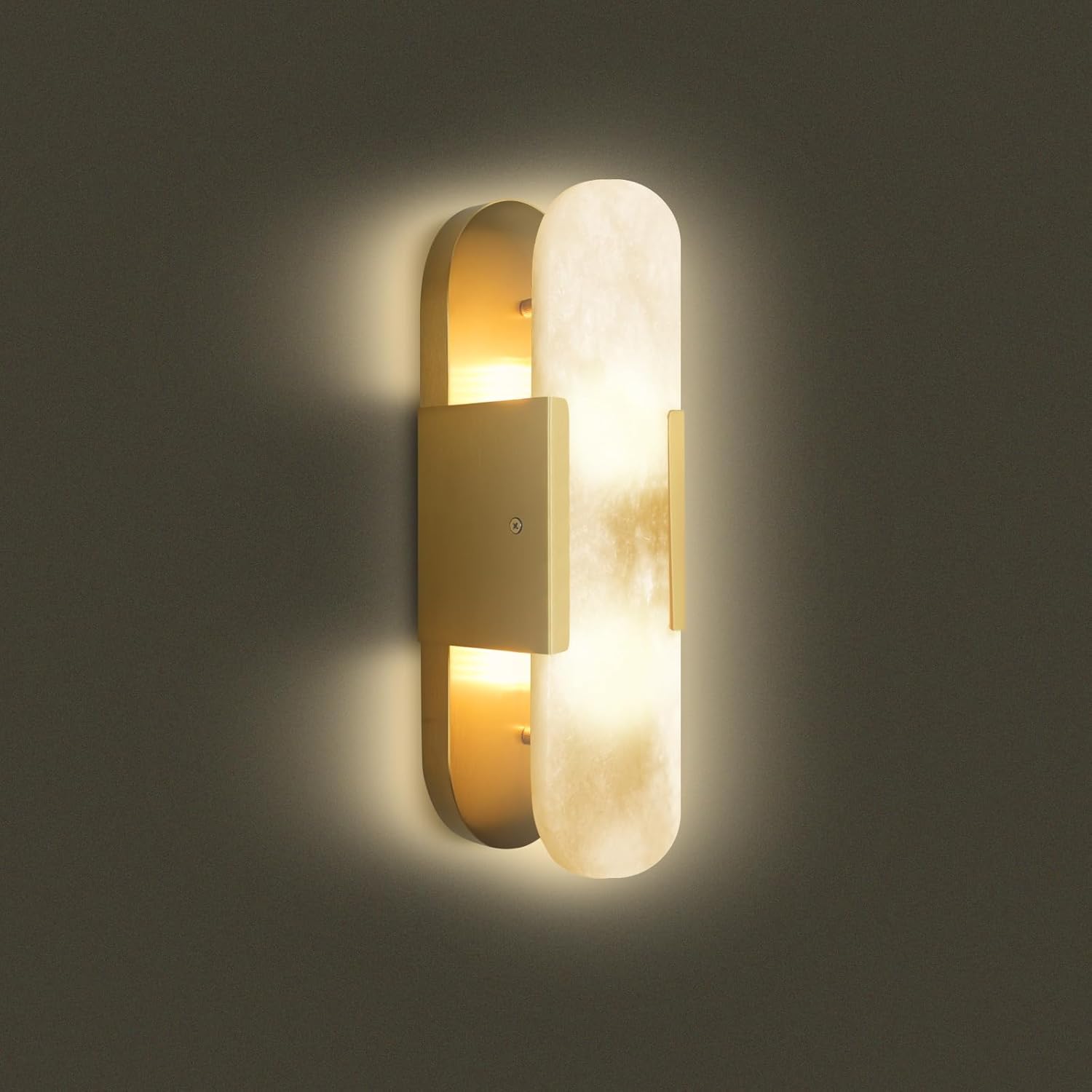 13.8" Brass Alabaster Wall Sconces, Hardwired Indoor Lights, Natural Alabaster Stone Shade, Modern Oval Vanity Lighting for Bedroom, Bathroom, Hallway, Stairs