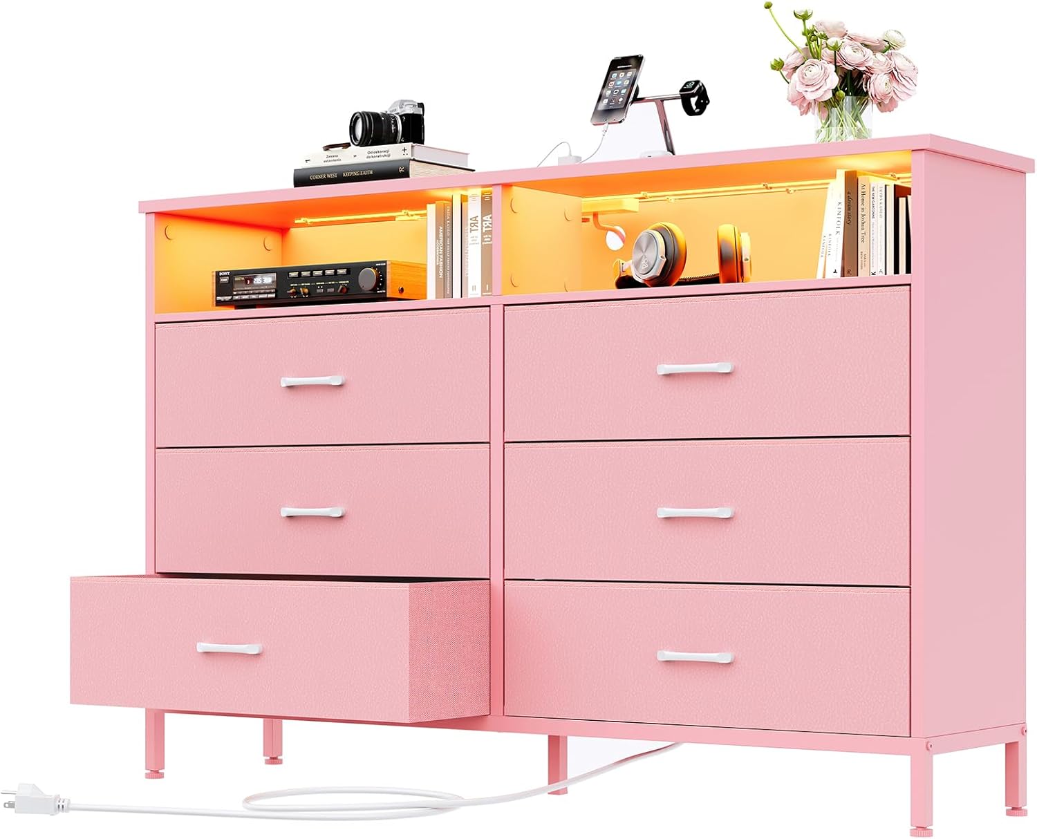 Black Dresser for Bedroom, 6 Drawer Dresser, Fabric Vertical Storage Tower with Fabric Bins with Open Shelves LED Light and Charging Station, Chest of Drawers for Closet Chests Organizer, Living Room
