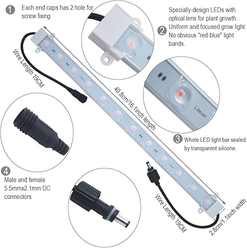 Miniatura 5 de Litever Kit de tira de luz de cultivo de 45 W, 4 tiras de luz LED de 16 pulgadas con cables de extensión, accesorios de montaje para invernadero,