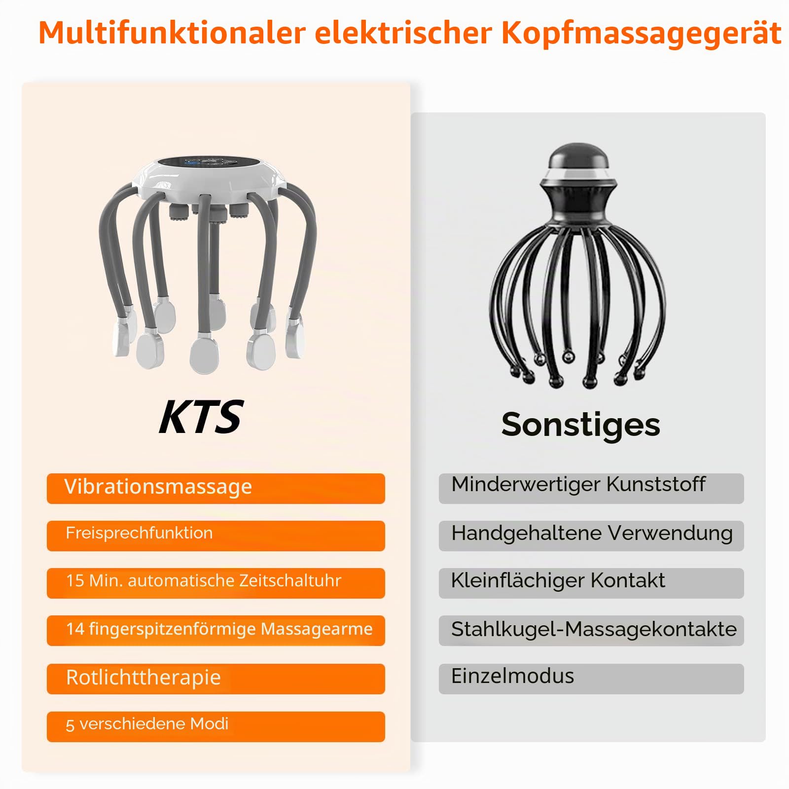 KTS wiederaufladbares Kopfhautmassagegerät mit 14 vibrierenden Kontakten, 5 Modi, Rotlichttherapie, tragbarem Krakenkopfkratzer für Entspannung, Druck- und Stressabbau und schnelles Einschlafen
