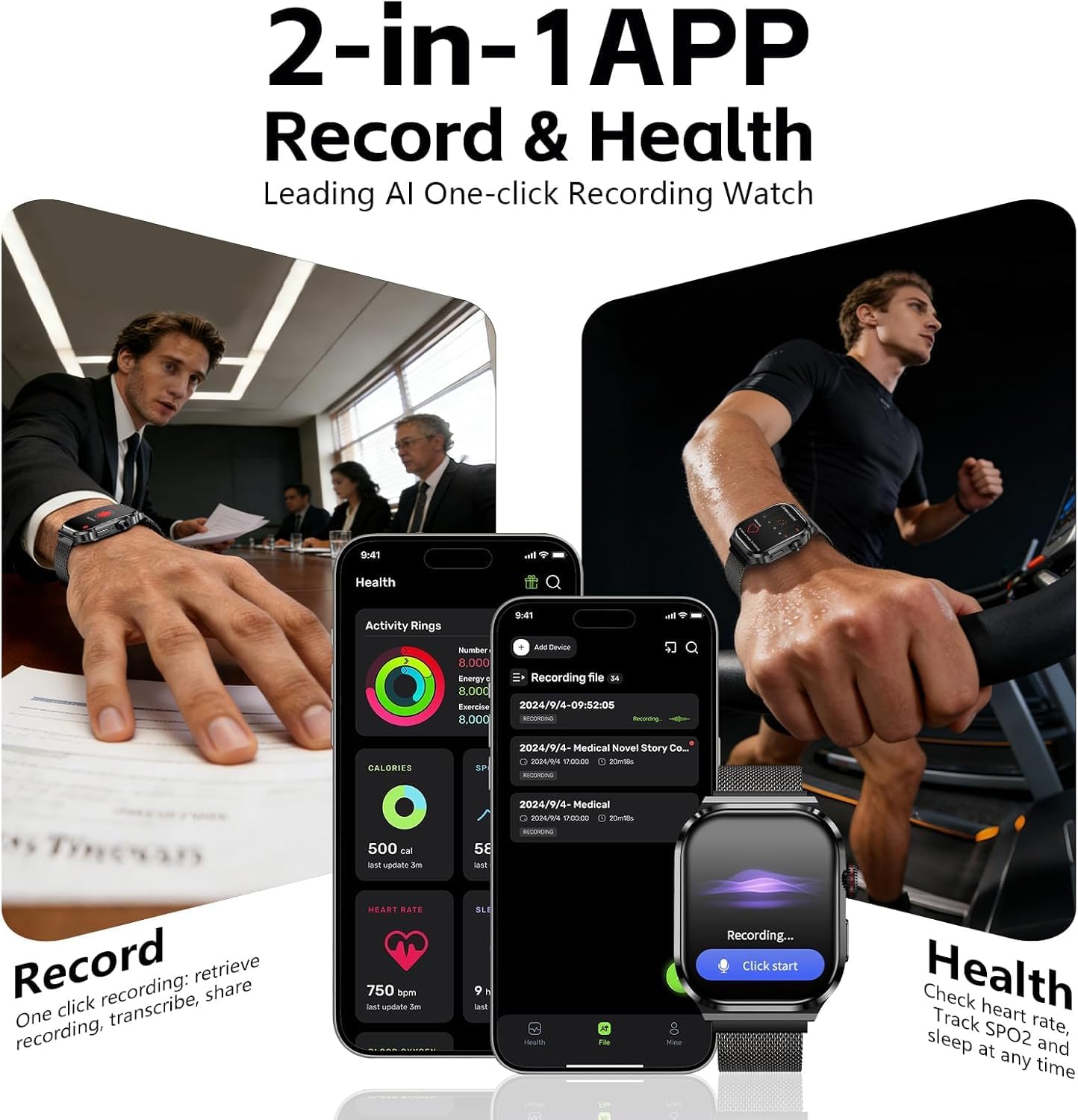 AI Smart Watch with Voice Recorder, Transcribe & Summarize with AI for Meetings, App Control, Supports 135 Languages, 2.13" AMOLED Display, Health, Fitness & Sleep Tracker, 80+ Workout Modes, Black
