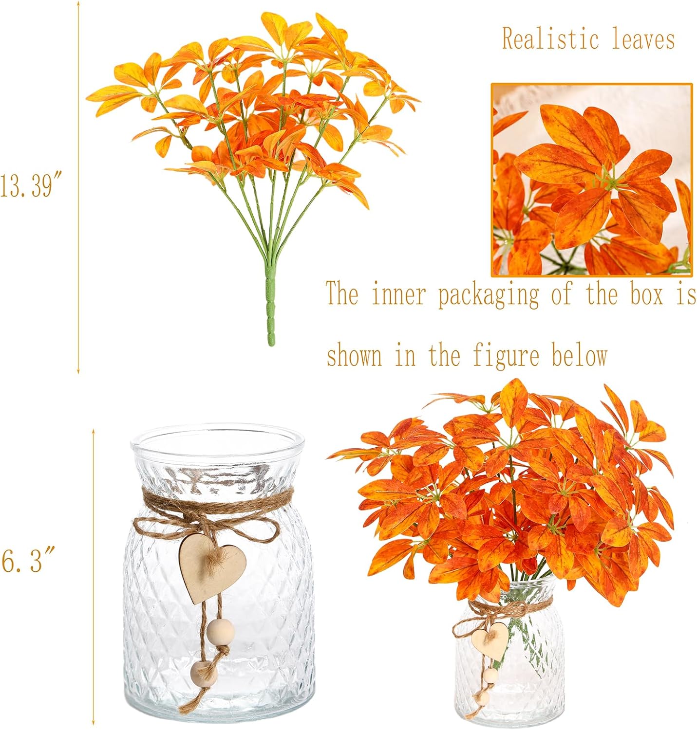 Kimura's Cabin Orange Plants 1 Set Artificial Plants Glass Vase Fake Touch Plants for Fall Office Farmhouse Home Indoor Kitchen Table Bathroom Centerpieces Decoration(Autumn Orange)