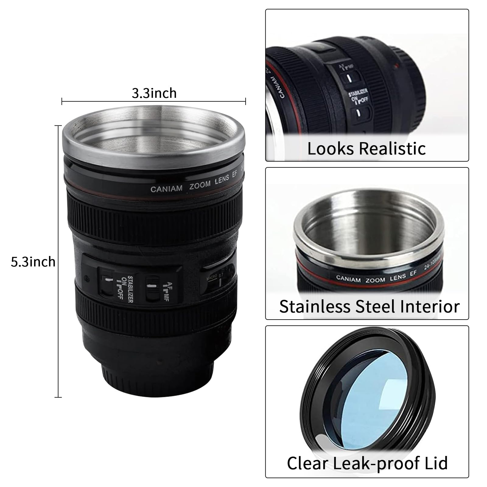 Amazon.com: FAEFTY Camera Lens Coffee Mug, Cameras Lens Mug, Travel Coffee  Cup Stainless Steel Camera Coffee Mug, Interesting Photographers Gifts for  Women/Men (Black) : Home & Kitchen