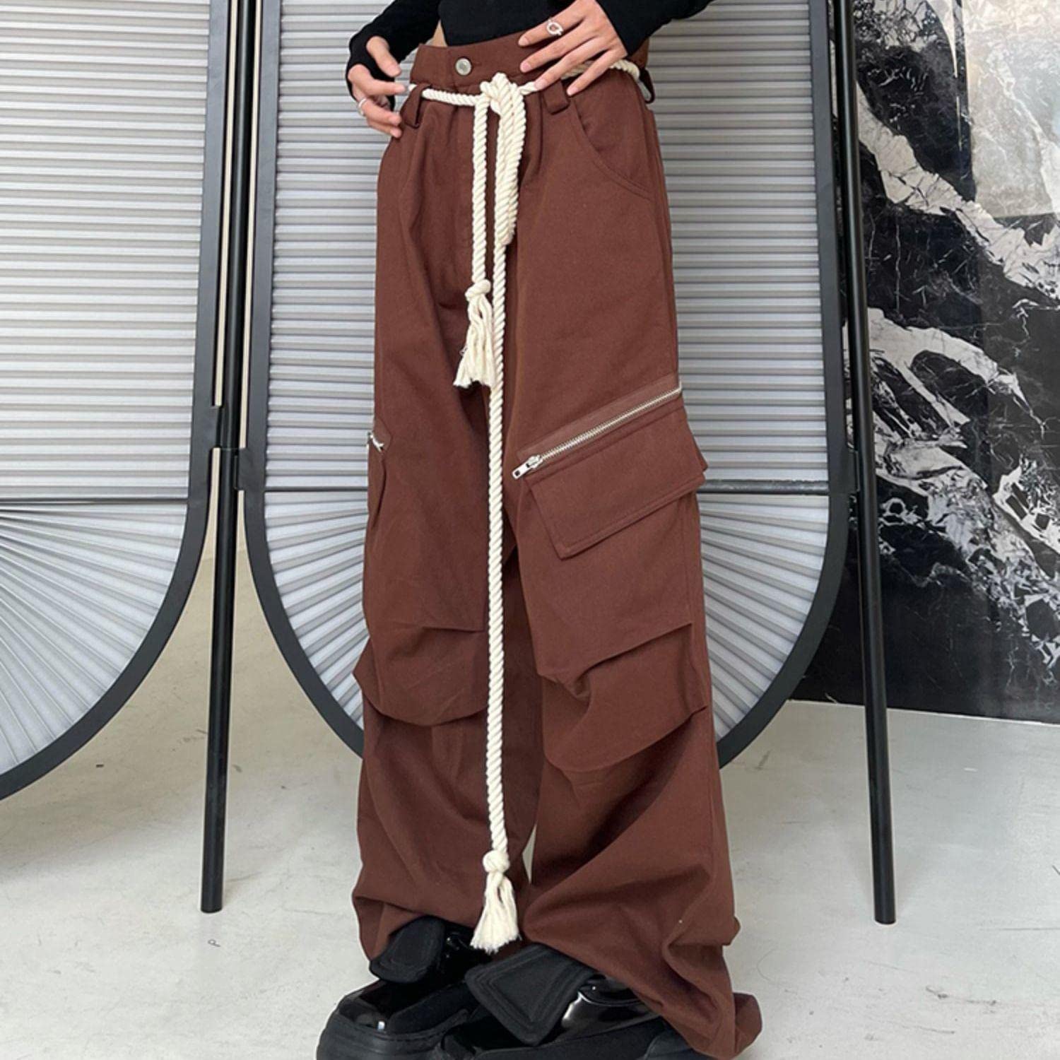 Pantaloni da paracadute Pantaloni Cargo per le Donne Baggy Harajuku Vita Bassa Y2K Pantaloni Grunge Pantaloni, Caffè, M