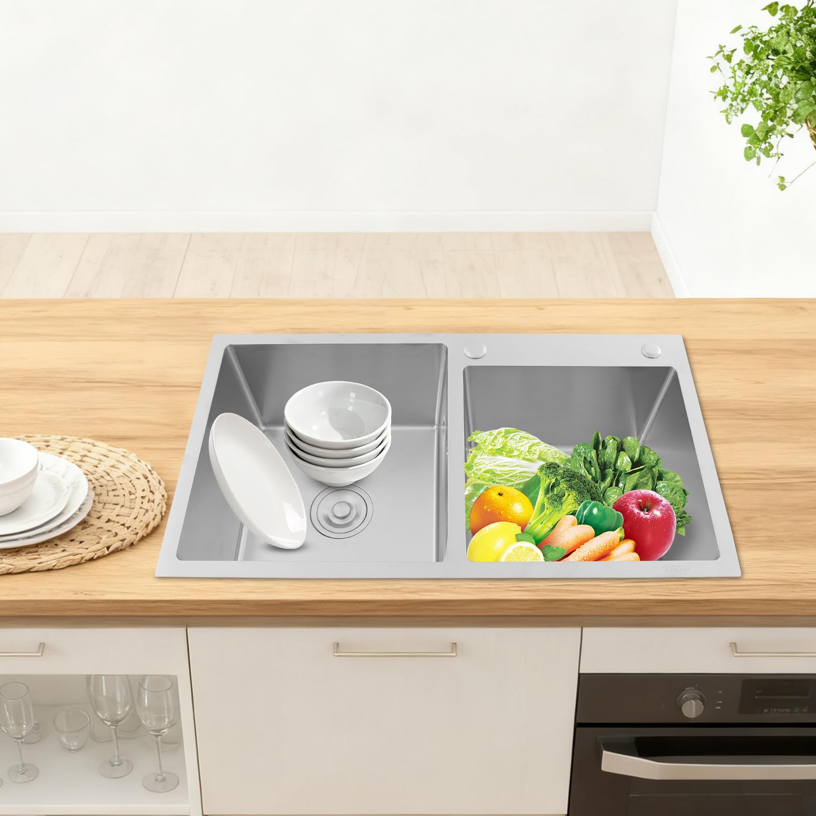 80 x 45 x 22 cm, doppio lavello da incasso, 2 vasche in acciaio inox, con set di sifone e filtro in acciaio inox, facile da pulire (argento)
