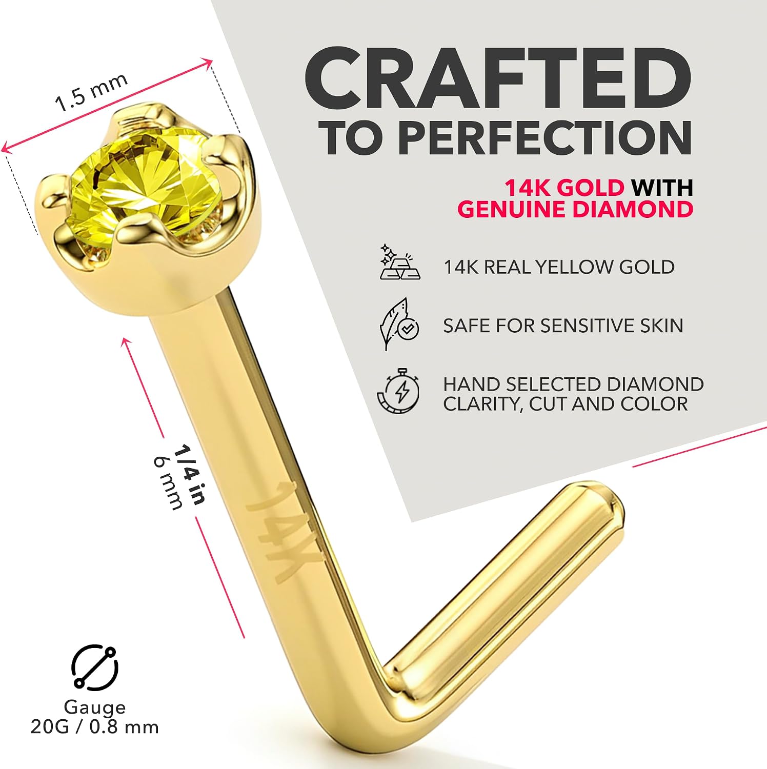 Body Candy 14k Yellow Gold Yellow Diamond Nose Ring – 20 Gauge 18 Gauge Nose Stud with 1.5mm (0.015 cttw) Genuine Yellow Diamond – 6mm Post – Handmade Hypoallergenic Piercing Jewelry
