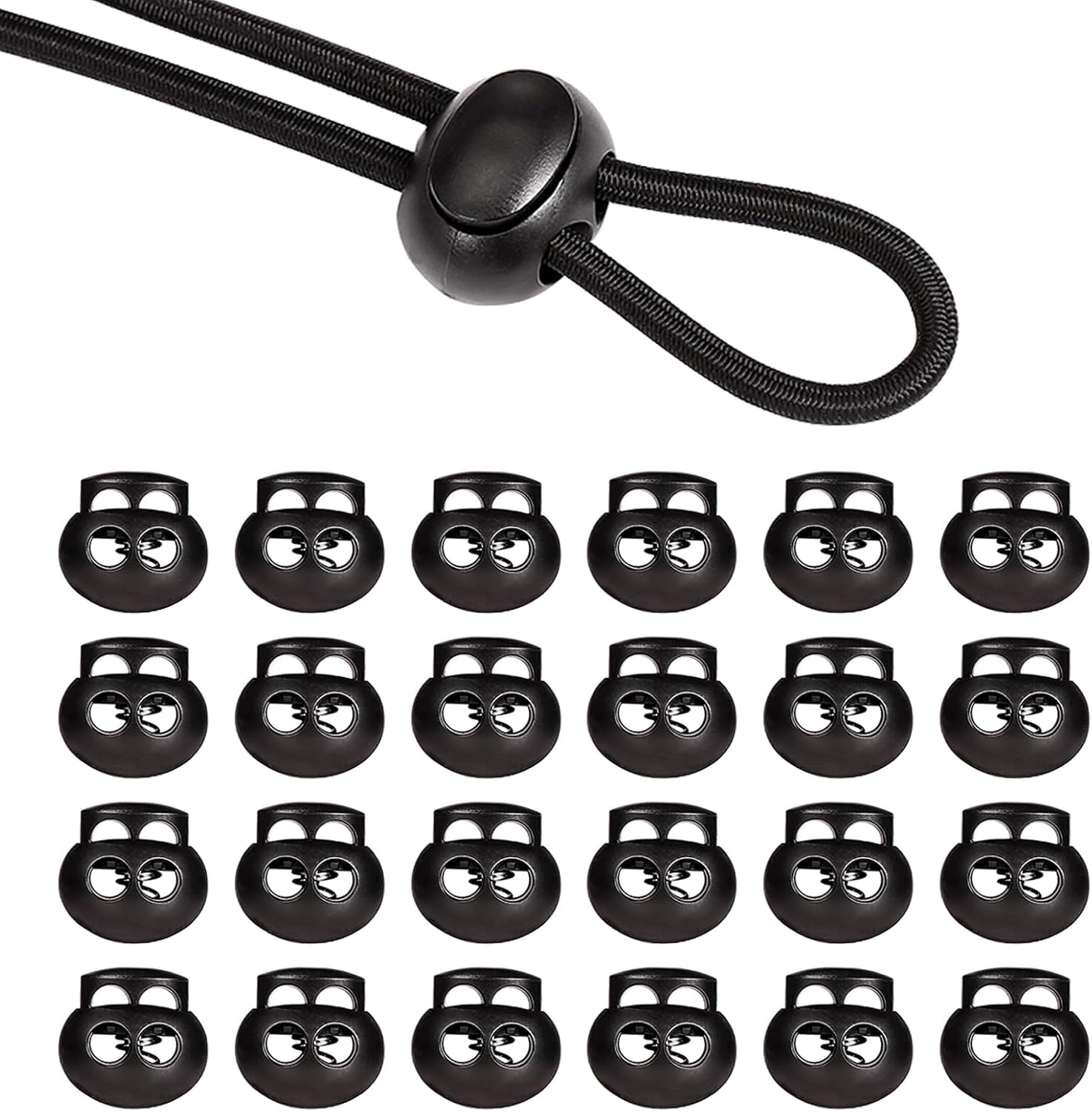 LEMESO 20 PCS Spring Cord Lock Double Hole Plastic Draw Round String Clip Elastic Lace Lock for Paracord Accessories Shoe Lace Tie Locks, Black