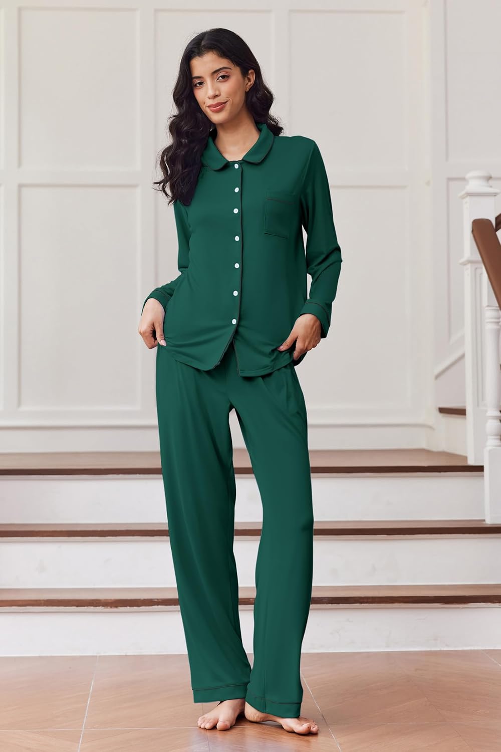 Ekouaer Pajama Sets Women Classic Long Sleeve Button Down Sleepwear Soft Pjs Lounge Sets - Image 2