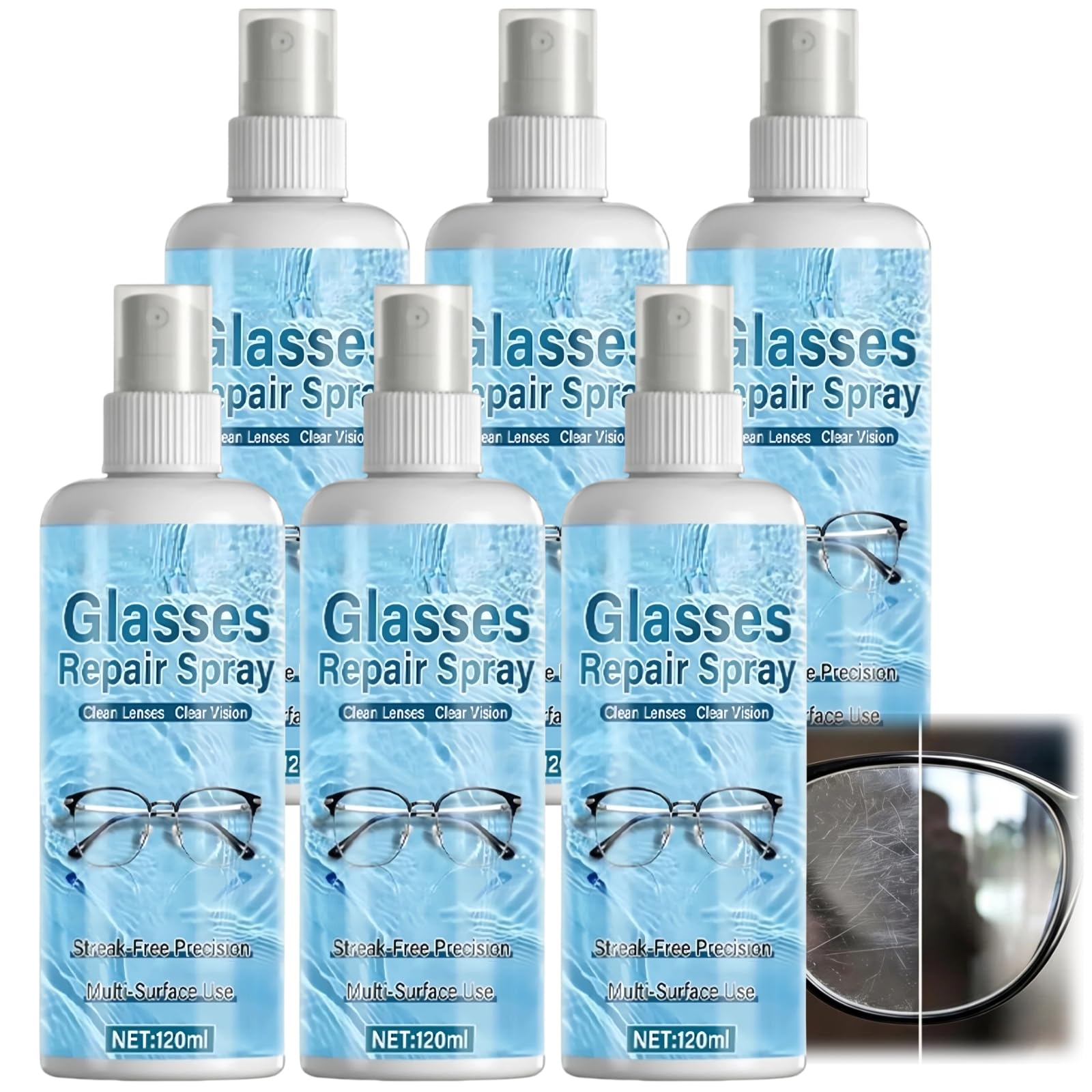 Spray réparateur de rayures pour verres de lunettes - Répare les rayures superficielles et les marques mineures - Réduit le flou et les rayures superficielles - Solution de nettoyage (6pcs)