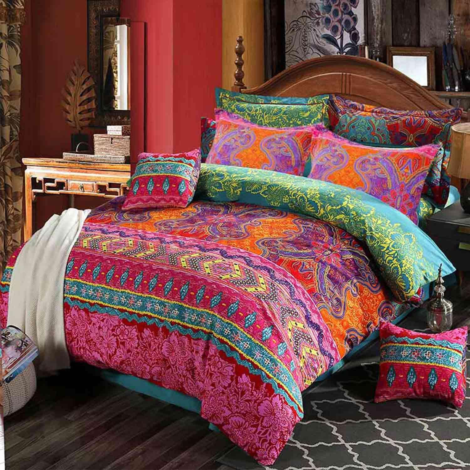 ETDIFFE Boho Queen Size Comforter Set, 3pc Colorful Bohemian Chic Soft Bedding Set, All Season Lightweight Hippie Teal Orange Bed Comforter