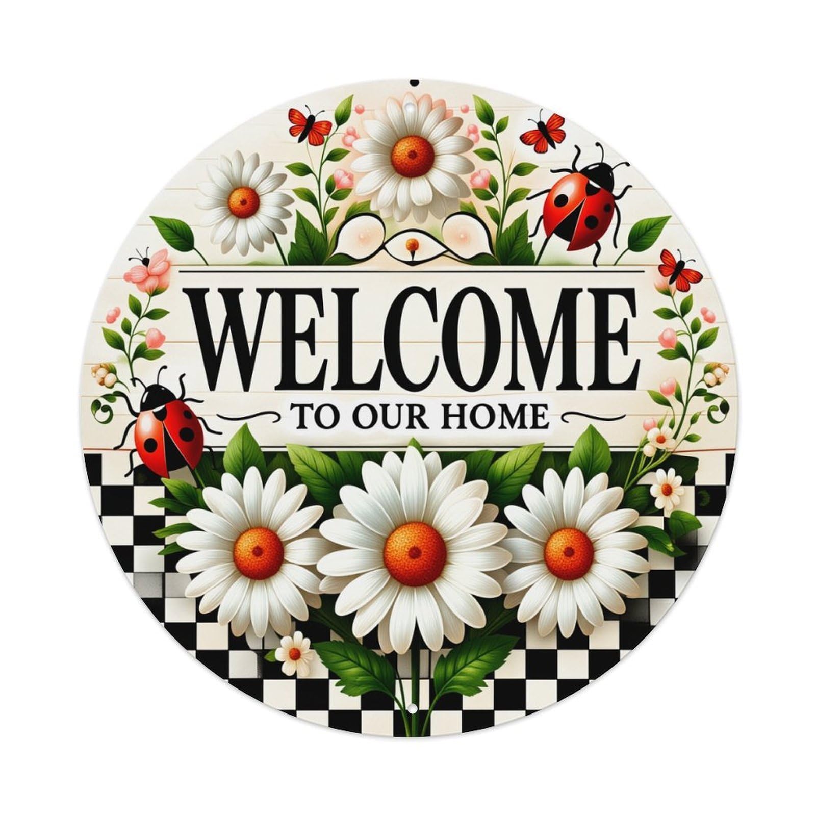 Floral Ladybug Daisy Checkered Welcome Retro Metal Sign Round Tin Sign, Vintage Decor Art Poster for Bar, Home, Man Cave, Kitchen, Laundry Room Gift 8x8Inch