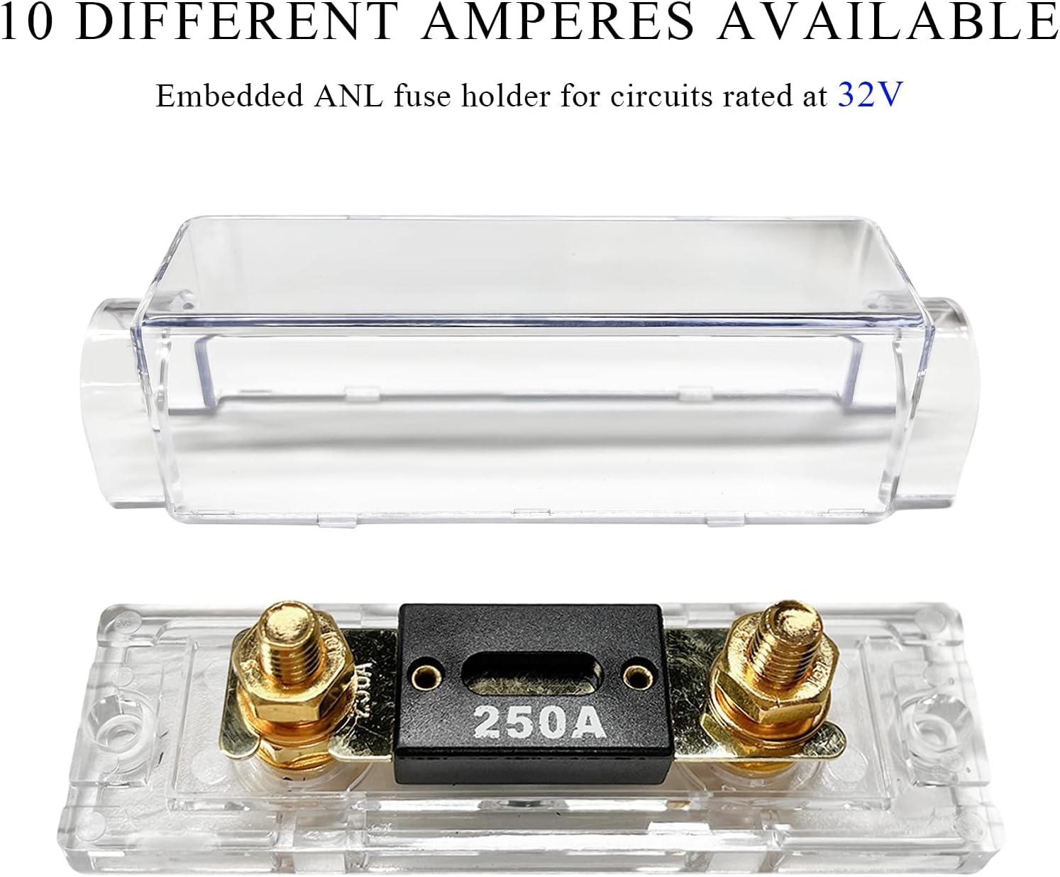 2 PCS ANL Fuse Holder with ANL Fuse, 0/2/4 Gauge AWG in-Line ANL Fuse Holder with 250 Amp Fuse, ANL Fuse & Fuse Holder Block for Alarm Audio Amplifier, Car Accessories (250A)