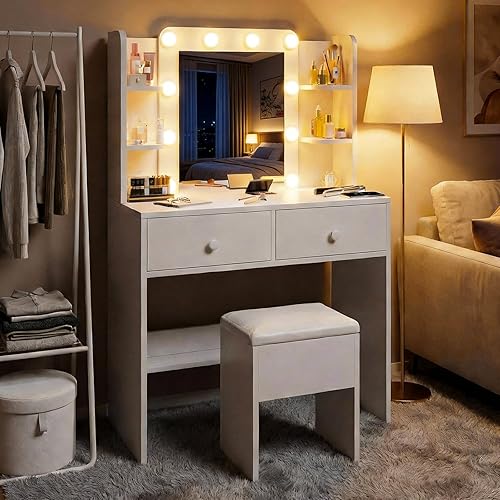 Miniatura 8 de FUXA Vanity Desk with Mirror and Power Outlet, Makeup Vanity with 10 Bulbs and 3 Light Modes, Vanity Table Set with Storage Drawers Shelves and