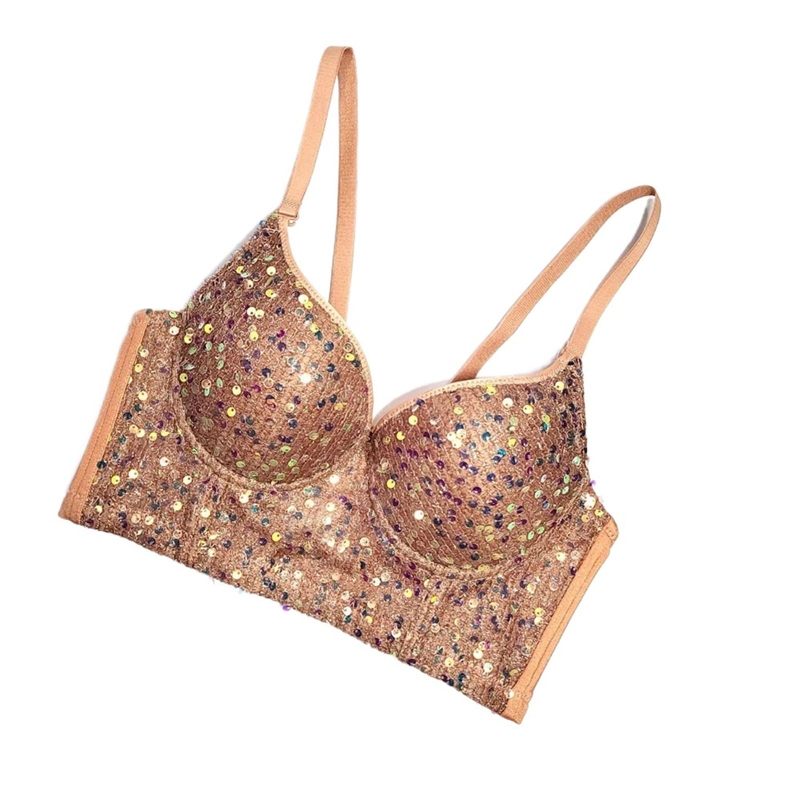 LIUHLFSR Glittery Deep V-neck Elastic Push-up Bra For Parties And Dancing Triangle Cup Sexy Women Underwear Bralette Sequins Lingerie for Dancing Carnival Party(40C,Brown)