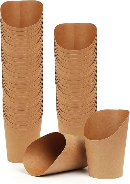 STARUBY 50Pcs Disposable French Fries Cup Take-Out Party French Fries Holders for Frozen Dessert Supplies Baking Cakes Popcorn Ice Cream Snacks Kraft Paper Cups Holder, 14oz