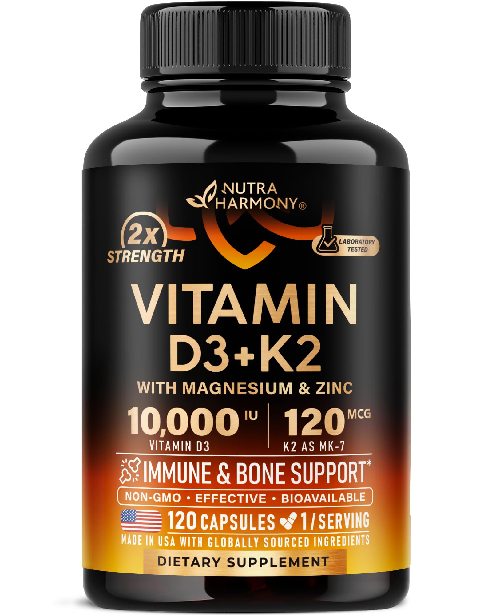 Vitamin D3 K2 - Vitamin D3 10000 iu & K2 as MK-7 120 mcg - Immune & Mood Support, for Bone & Teeth Health - with Magnesium, Zinc & Vitamin C & B12 - Highly Bioavailable - Made in USA, 120 Capsules