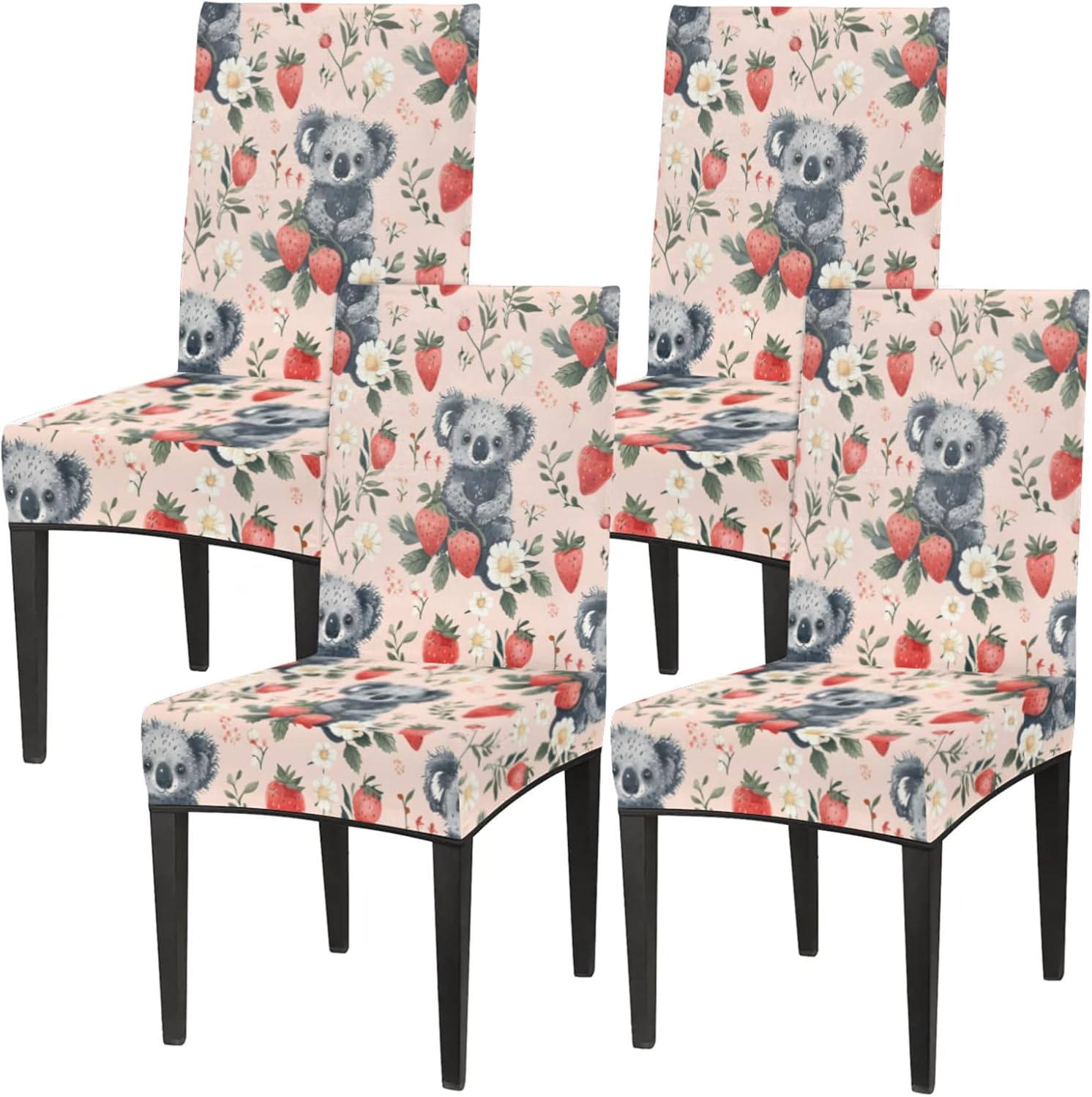 QsirBC Cute Koala Strawberry Stretch Dining Room Chair Covers Set of 6 Chair Slipcovers Removable Washable Kitchen Seat Covers Chair Protectors for Hotel Party Wedding