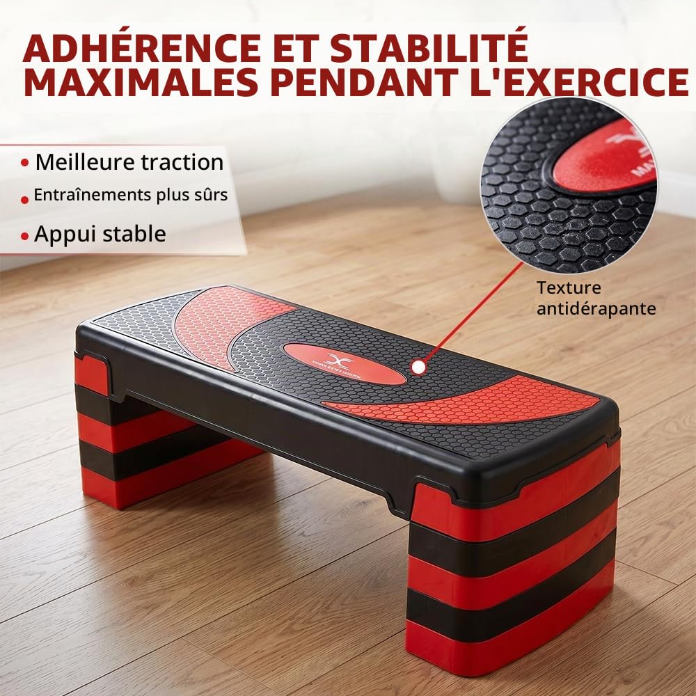 MAXSTRENGTH Stepper de fitness pour exercice d'entraînement 5 niveaux de hauteur réglables 10 cm, 15 cm, 20 cm, 25 cm, 30 cm, plate-forme antidérapante pour exercices d'aérobic, d'endurance, de