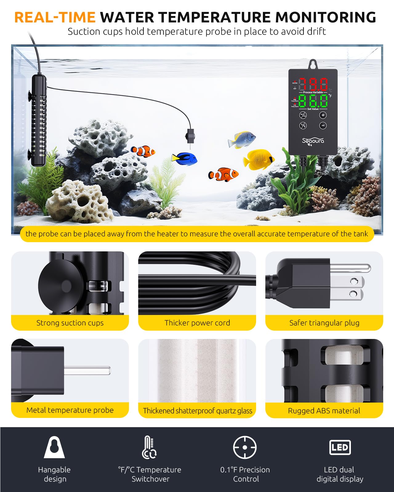 SEAOURA SEAOUR - Riscaldamento per acquario, 200 W, 105-170 l, con termostato, sensore di temperatura, temperatura alta e need, doppia protezione, funzione di memoria, acqua dolce/salata, 26,5 cm