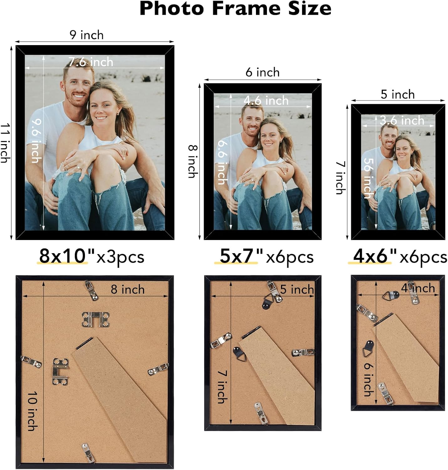 JCJMY 15 Pack Picture Frames Collage Wall Decor for Wall Hanging or Tabletop, Gallery Wall Frame Set for Family, Multi Sizes Photo Frames Collage Including 3Pcs 8x10, 6Pcs 5x7, 6Pcs 4x6, Black