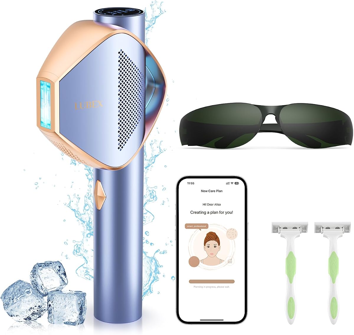 Depilación Láser Permanente Inteligente IPL para Mujer y Hombre, Enfriamiento por Hielo Zafiro Sin Dolor, Alternativa al Salón, Afeitadora de Bikini, Depiladora Facial para Axilas Espalda Piernas Brazos Cara Bikini Glow 6 A+